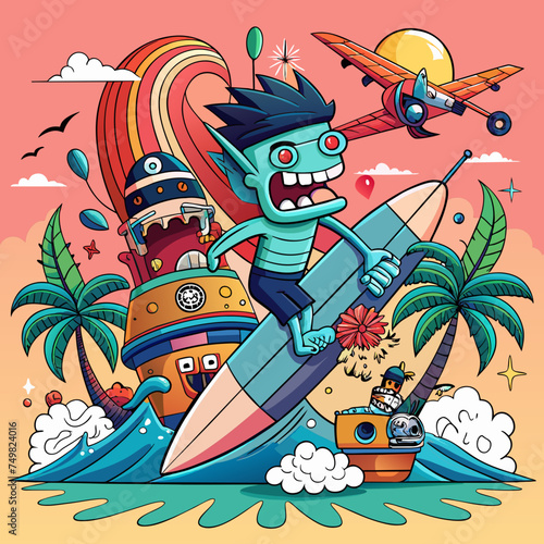 T-shirt sticker of a humorous illustration merging pop culture references with surfing motifs