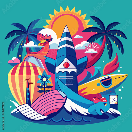 T-shirt sticker of a humorous illustration merging pop culture references with surfing motifs