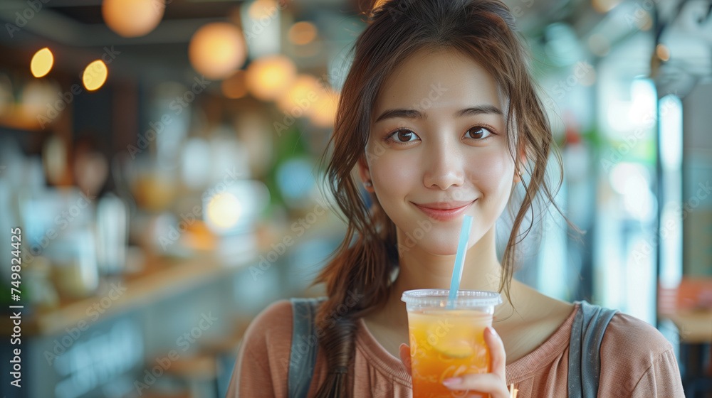 A happy young woman savoring a refreshing beverage with a paper straw in the vibrant setting of a cozy cafe. A happy young woman savoring a refreshing beverage with a paper straw in the vibrant setting of a cozy cafe.