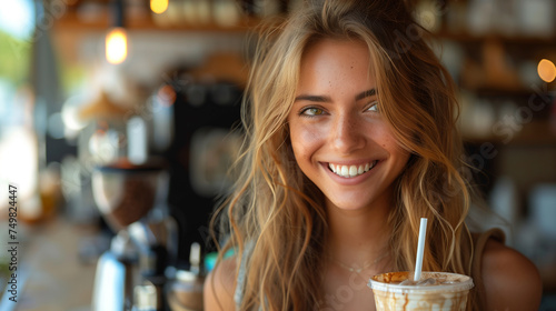 A happy young woman savoring a refreshing beverage with a paper straw in the vibrant setting of a cozy cafe. photo