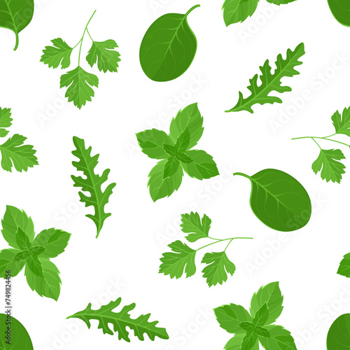 Green salad leaf background. Seamless pattern with arugula, spinach, parsley and mint leaves. Vector cartoon flat illustration. 