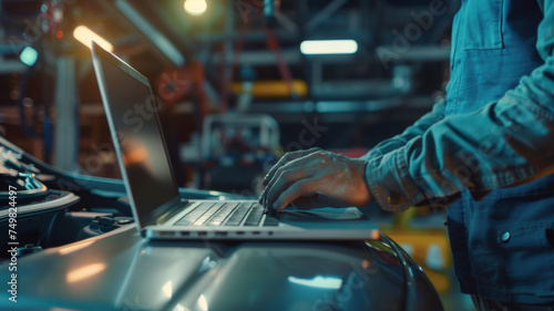 A technician performs precise diagnostics on a vehicle using a laptop, blending tech and mechanics.