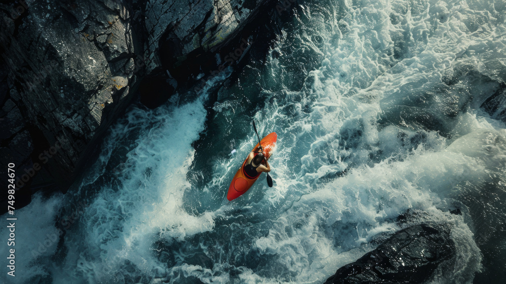 Adventurous kayaker navigating turbulent rapids in a deep river canyon.