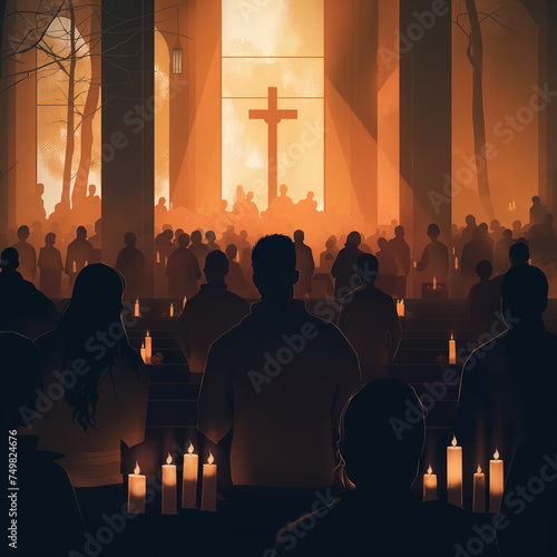 Solemn Easter Vigil Service with Candlelight Procession in Traditional Church - Spiritual Religious Ceremony Atmosphere photo