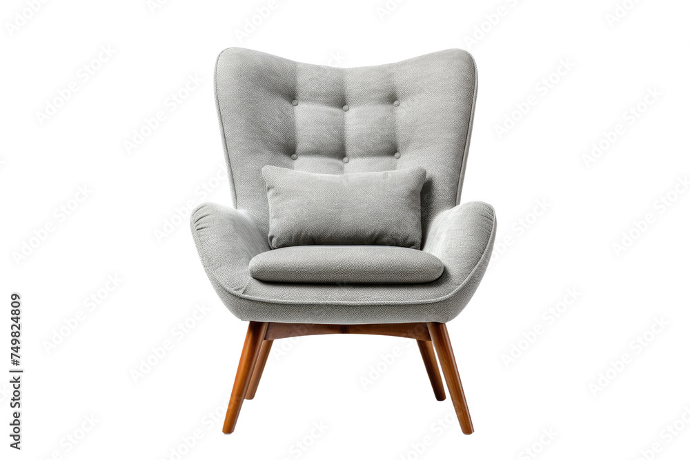 Grey Chair With Pillow. A grey chair sits with a pillow resting on top of it. The cushion adds a touch of comfort to the simple design of the chair. on White or PNG Transparent Background. Grey Chair With Pillow. A grey chair sits with a pillow resting on top of it. The cushion adds a touch of comfort to the simple design of the chair. on White or PNG Transparent Background.