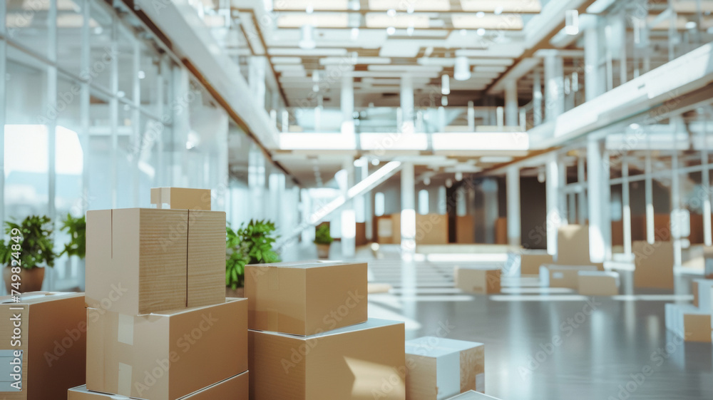 Empty modern office with scattered cardboard boxes during a move or renovation. Empty modern office with scattered cardboard boxes during a move or renovation.