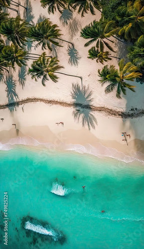 Illustration of aerial drone bird's eye view of tropical white sand beach and blue sea with palm trees