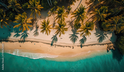 Illustration of aerial drone bird's eye view of tropical white sand beach and blue sea with palm trees © veneratio