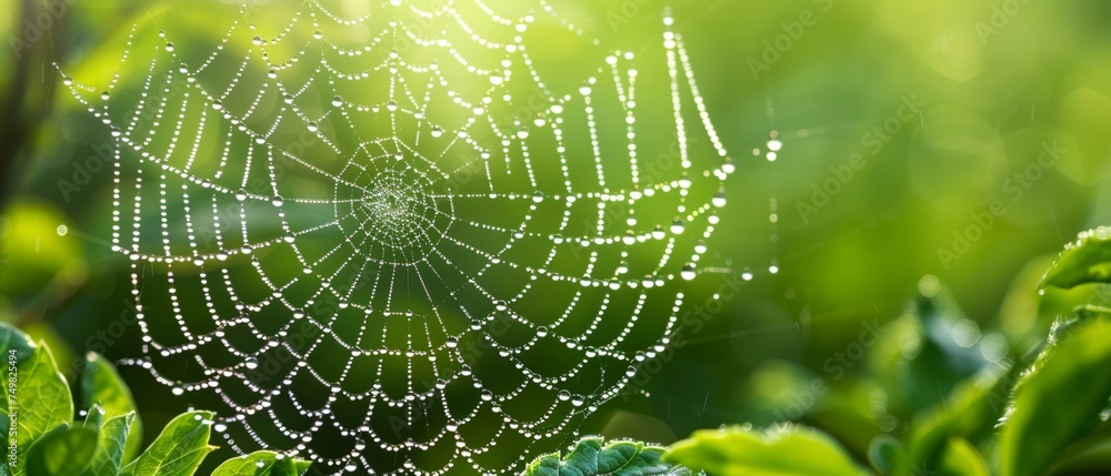 Macro shot of a dew-covered spider web, natural beauty, space for text Macro shot of a dew-covered spider web, natural beauty, space for text