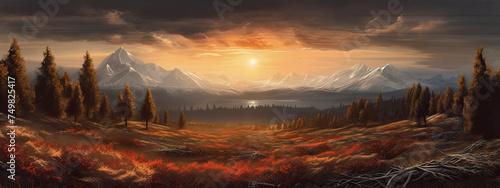 Beautiful illustration of stunning mountain range landscape with vibrant colours at sunset or sunrise photo