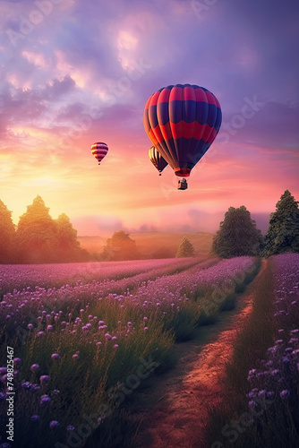 Stunning illustration of hot air balloons flying over beautiful purple lavender fields at sunset