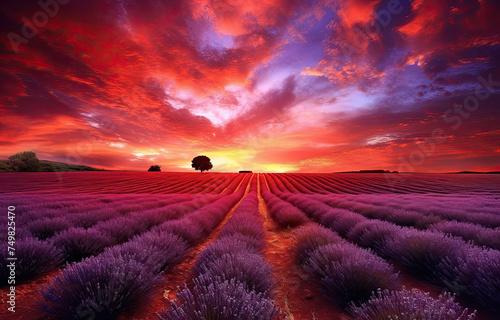 Stunning illustration of beautiful purple lavender field at sunset