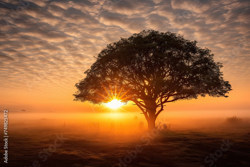 Illustration of stunning old tree against beautiful red fire sunset sky
