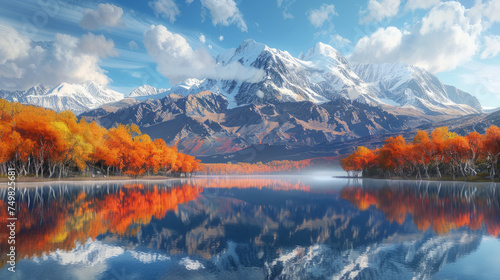 Autumn scenery with vibrant foliage reflecting in the calm waters of a mountain lake, with snow-capped peaks and blue sky in the background.