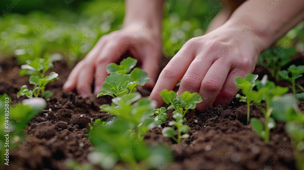 Close-up of hands gently planting young seedlings in rich soil, signifying growth, care, and sustainable agriculture. Close-up of hands gently planting young seedlings in rich soil, signifying growth, care, and sustainable agriculture.