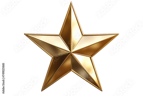 Gold Star Ornament. A shiny gold star ornament is placed on a plain white background  creating a simple and elegant look. The star reflects light  adding a touch of brightness to the scene.