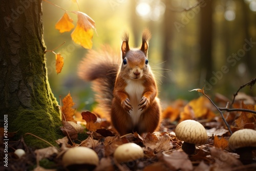 A squirrel gathering acorns for winter with a backdrop of trees, Red squirrel, scours vulgaris, squirrel, mammals, animals, Ai generated