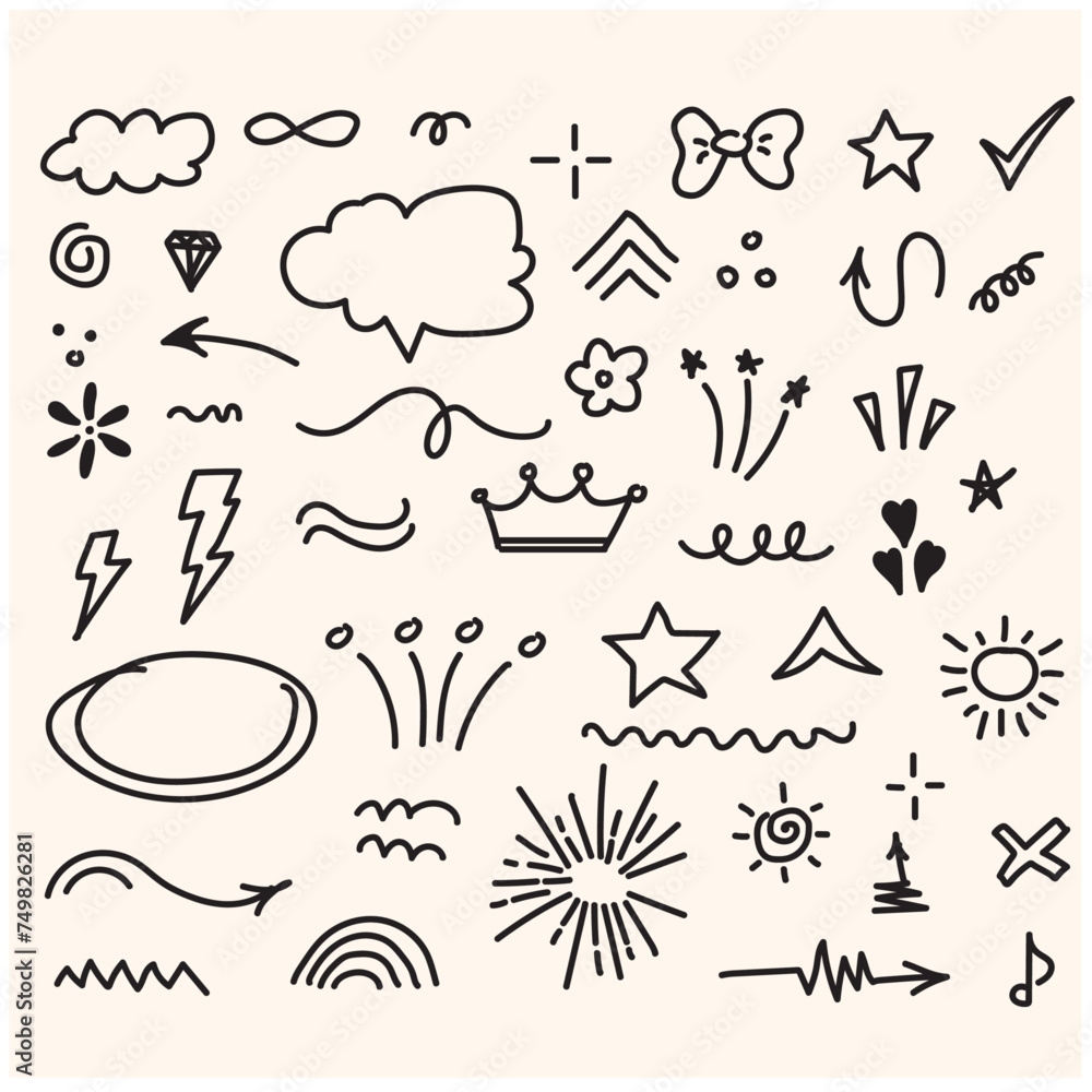 Doodle line cute element set with illustration style doodle and line art Doodle line cute element set with illustration style doodle and line art