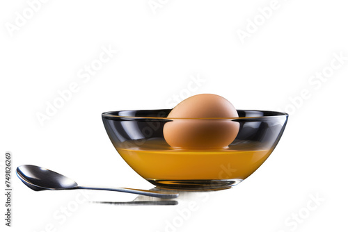 Bowl of Eggs and Spoon. A minimalist composition featuring a white bowl filled with eggs next to a metallic spoon. The eggs are whole and uncrack ready to be used for cooking or baking.