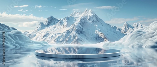 Mirror-finish podium, snowy mountain peak reflection, crisp winter theme
