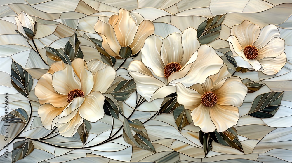 Stained glass window background with colorful Flower and Leaf abstract. Stained glass window background with colorful Flower and Leaf abstract.