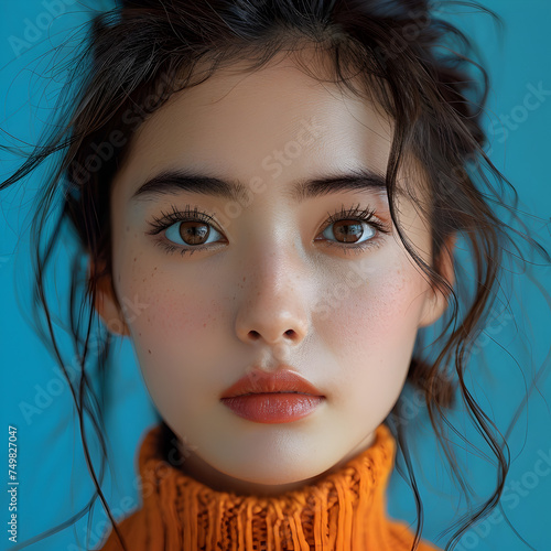 Asian Woman in Orange Turtleneck Exuding Natural Beauty