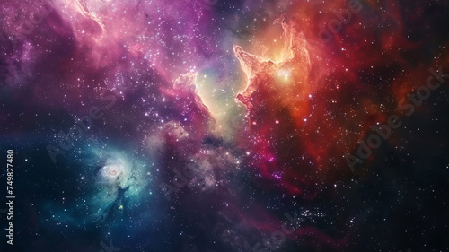 Cosmic dance of nebulae and galaxies in a vibrant celestial scene.