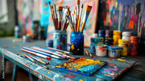 A vibrant and colorful artist's workspace with an array of paintbrushes, open paint jars, and a paint-splattered palette