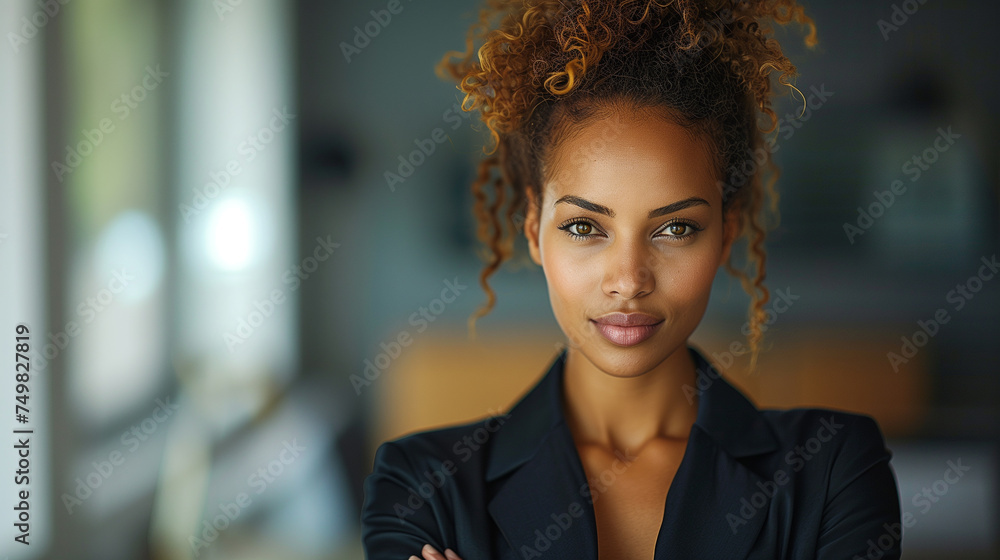 A poised young businesswoman with flowing hair wearing a stylish elegant suit, embodying confidence and professionalism on modern office background. A poised young businesswoman with flowing hair wearing a stylish elegant suit, embodying confidence and professionalism on modern office background.