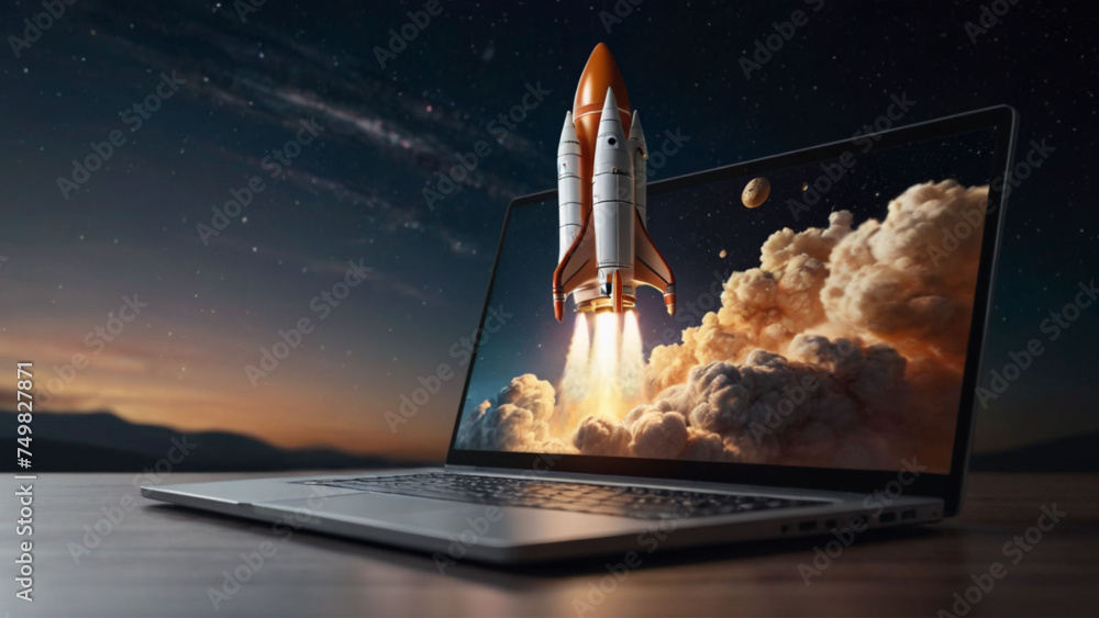 Rocket launch from laptop screen. Rocket taking off. Business Start up ...