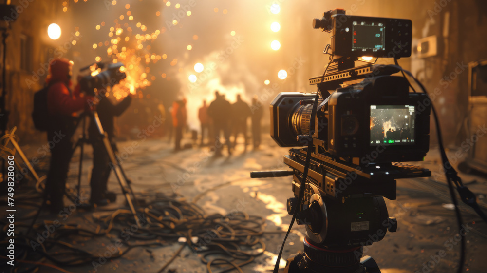 Fototapeta premium A professional movie camera set up for a night-time shoot with a hazy, illuminated background where a film crew is capturing a scene involving sparks and special effects.