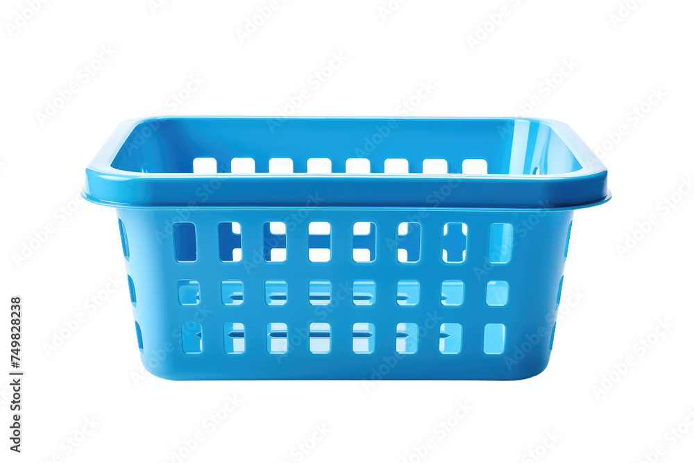 Fototapeta premium Blue plastic storage basket, rectangular household organizer bin, ventilated tote container for laundry and home storage isolated on Transparent Background