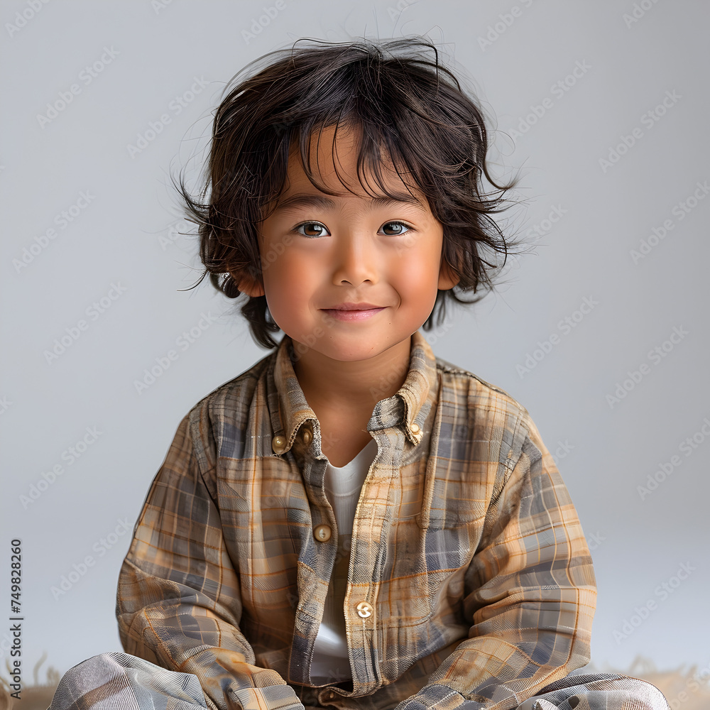Cute Asian Toddler in Plaid Shirt Casual Portrait Cute Asian Toddler in Plaid Shirt Casual Portrait