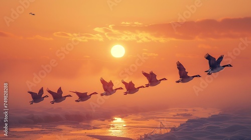 Silhouette of a flock of geese migrating over frozen landscapes  change of seasons