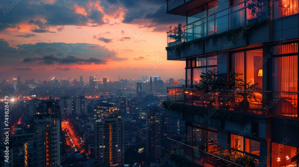 Evening view of a cityscape from a high-rise balcony showcasing the glowing lights of buildings, streets, and the dramatic sky at dusk reflecting off the glass balconies. - obrazy, fototapety, plakaty 