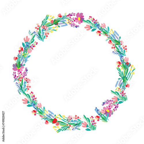 Floral wreath on white background. Bright colorful spring flowers. Vector floral frame template.