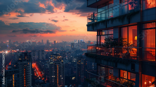 Evening view of a cityscape from a high-rise balcony showcasing the glowing lights of buildings, streets, and the dramatic sky at dusk reflecting off the glass balconies. photo