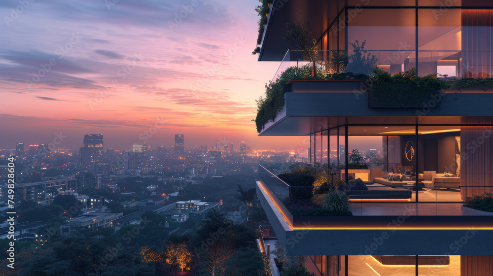 Luxury balcony view of a modern apartment overlooking a city at dusk, with city lights starting to glow under a colorful sunset sky.