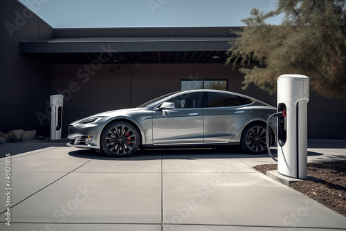 Charging Electric Car. Charge an Electric Car. Powered car charging station. Energy Powered Battery Electric Vehicle charging station. EV charging station for electric cars. EV Auto on charge.