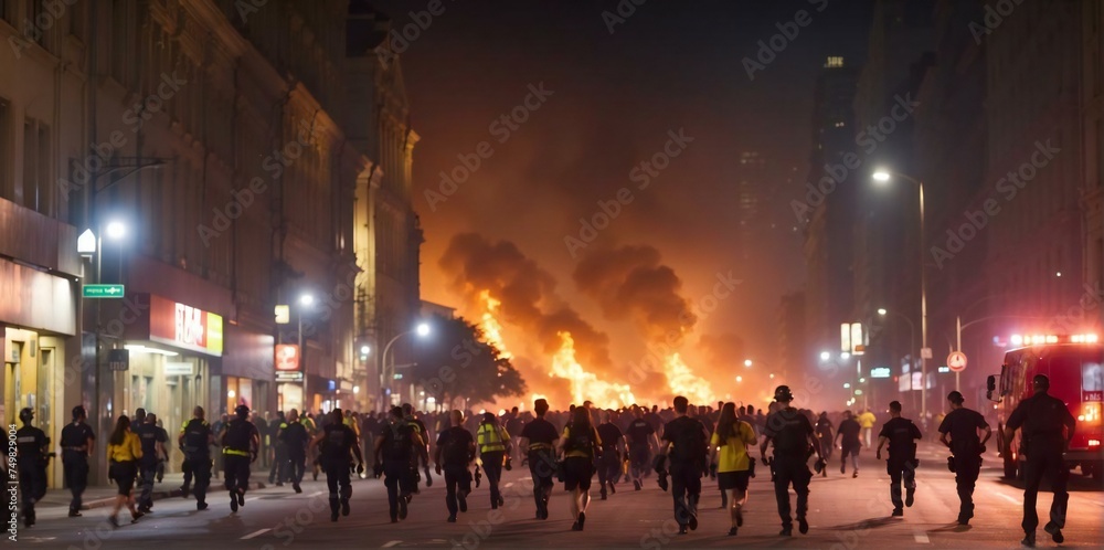 Obraz premium Firefighters evacuated the city center. Generative AI