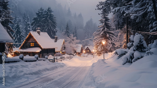 A picturesque winter scene with snow-covered houses adorned with festive lights, surrounded by snow-laden trees, as evening falls on a tranquil village road.