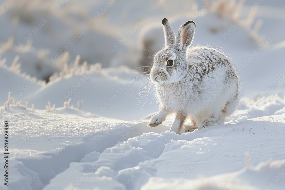 Obraz premium Snowshoe hare on fresh snow, delicate tracks trailing, soft dusk light