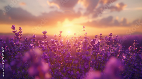 A tranquil lavender field at sunset with vibrant purple hues dominating the foreground  while the horizon glows warmly under a softly diffused sky.