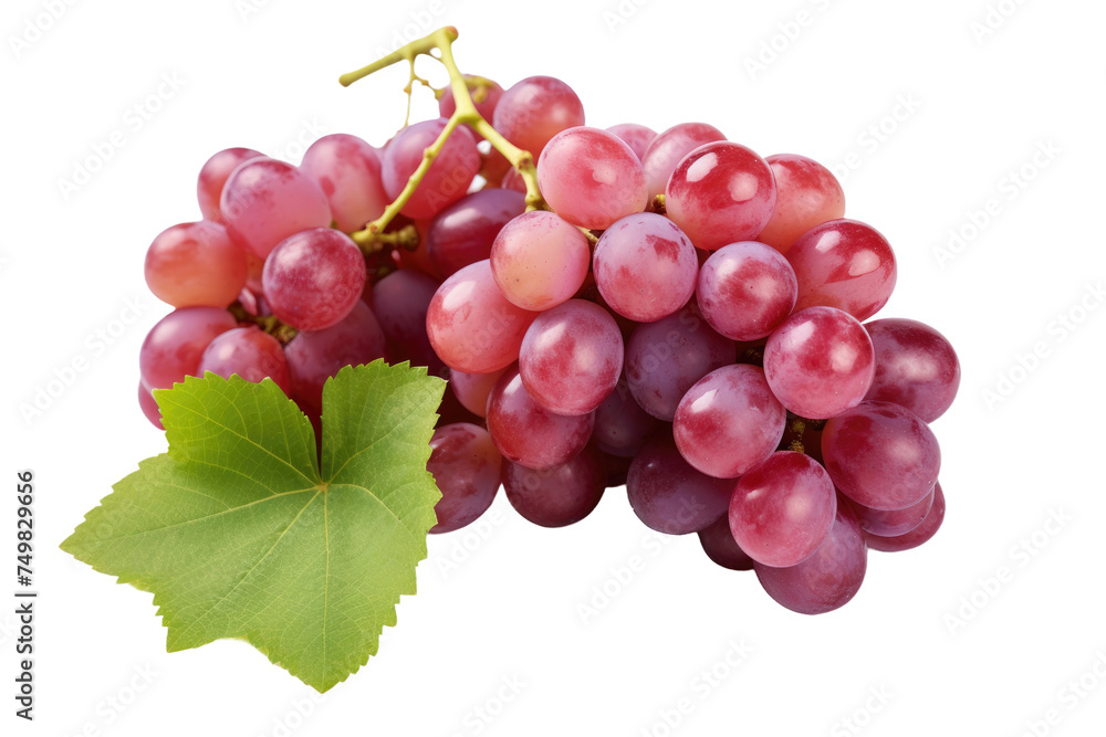 Bunch of Grapes With Leaf. A cluster of ripe grapes, each grape plump and purple, with a vibrant green leaf resting on top. The fruits are arranged neatly on a clean white background.