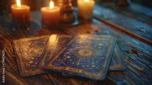A close-up of tarot cards spread on a rustic wooden table, illuminated by the warm glow of candlelight creating a mystical ambiance.
