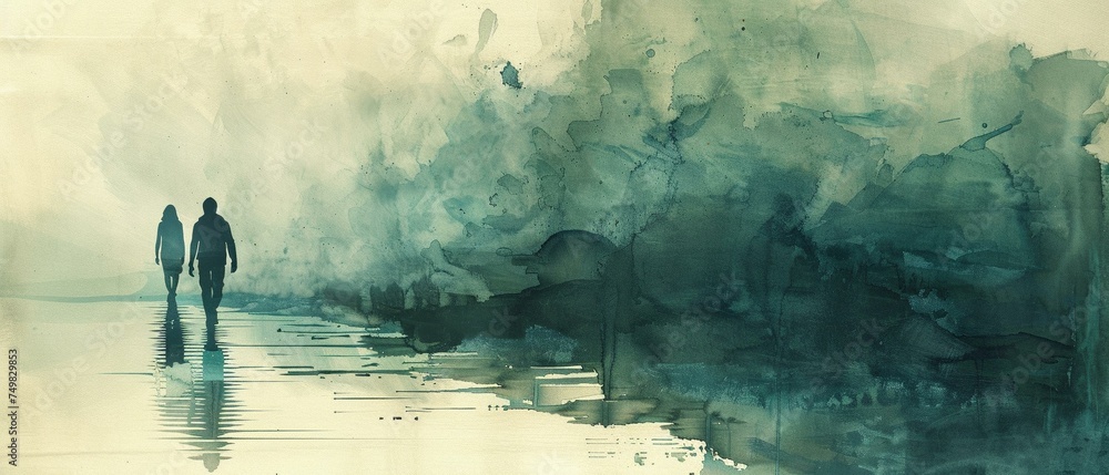 Stark abstract silhouettes floating on a dreamy watercolor sea