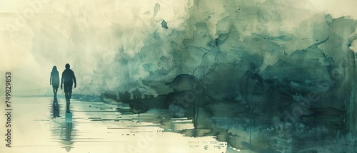 Stark abstract silhouettes floating on a dreamy watercolor sea