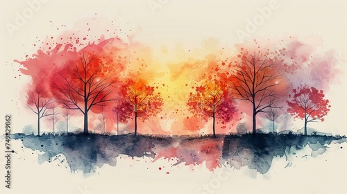 Stark abstract tree silhouettes, watercolor spring bloom background