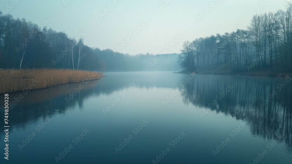 Serene lake with mist hovering above the water, flanked by trees and dry reeds under a dusky blue sky. The calm water reflects the tranquil scenery, conveying a peaceful morning atmosphere. - obrazy, fototapety, plakaty 