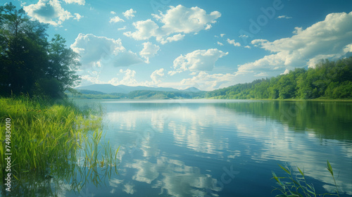 Serene lake with vibrant green vegetation under a blue sky adorned with fluffy white clouds, with tranquil waters reflecting the scenic beauty and distant mountains on the horizon